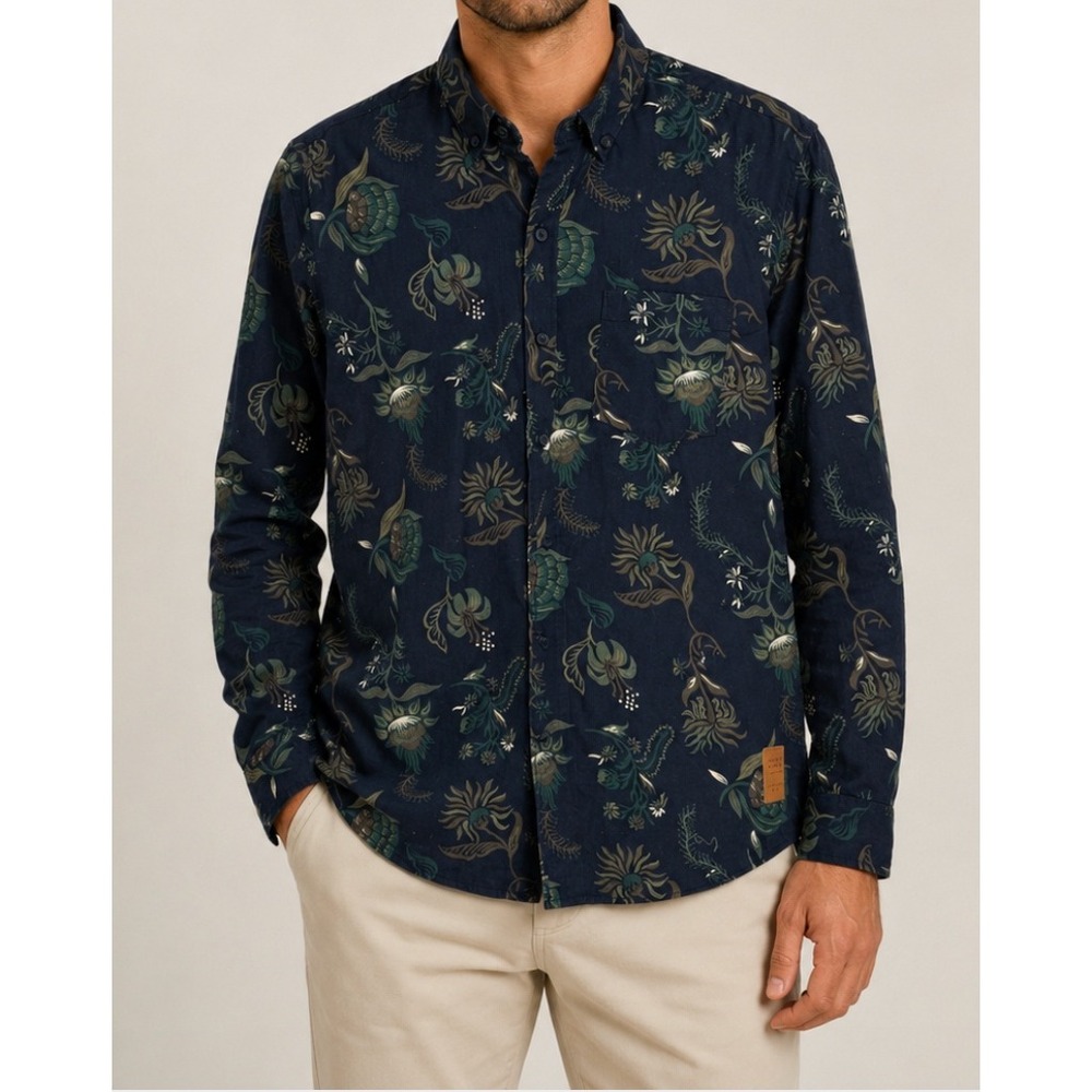 NEW Scotch & Soda Mens Tapestry Print LS Button Up Shirt Night Navy Green Size M